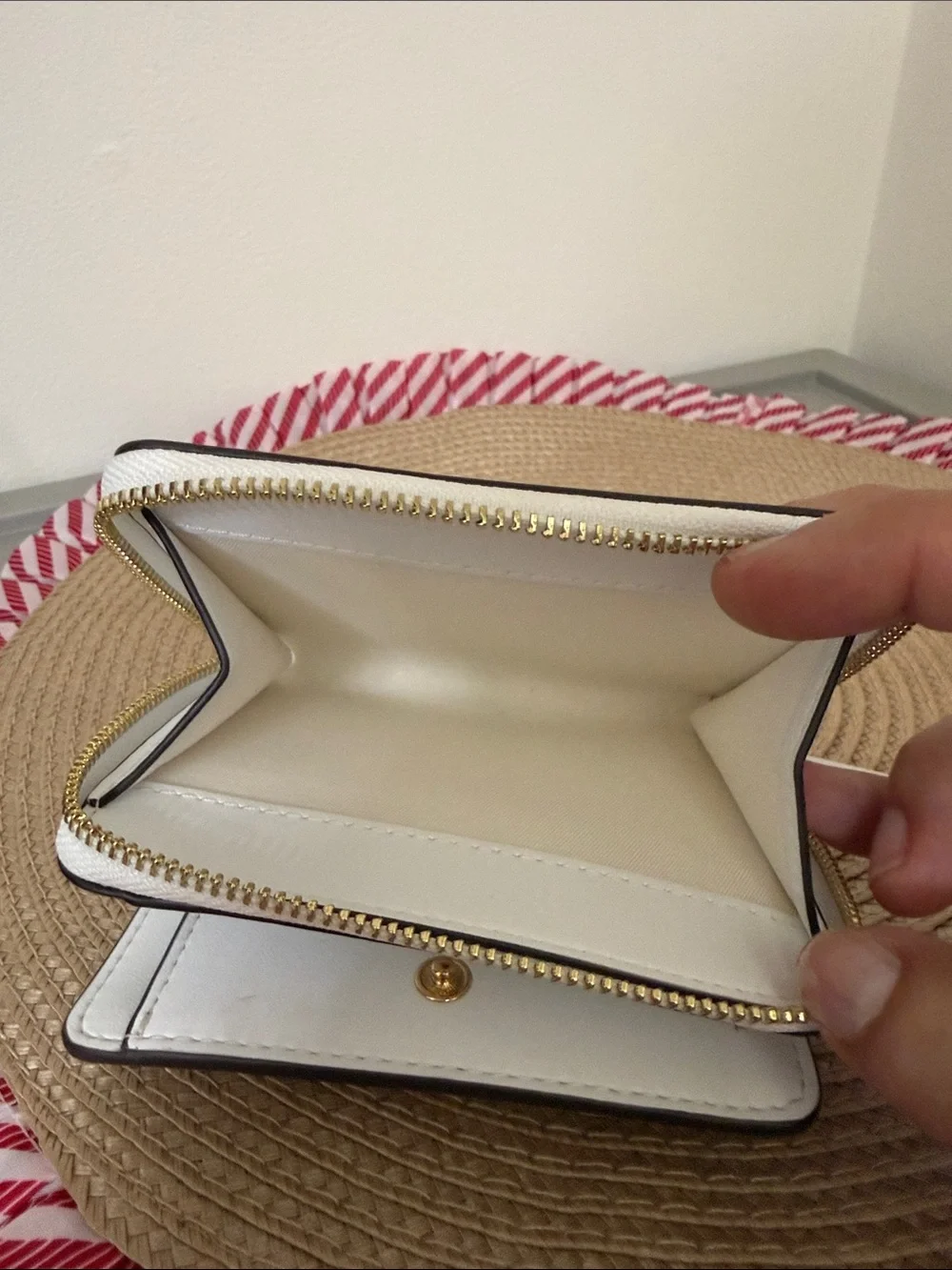 Tory Burch White Perforated Patent Zip Wallet with Gold Logo